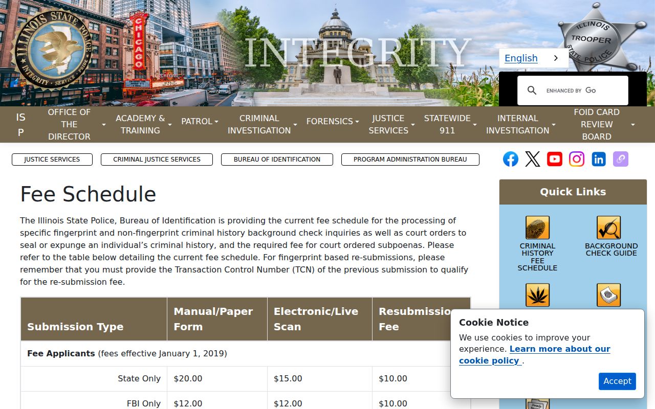 Williamson County criminal court records and Illinois State Police fee page